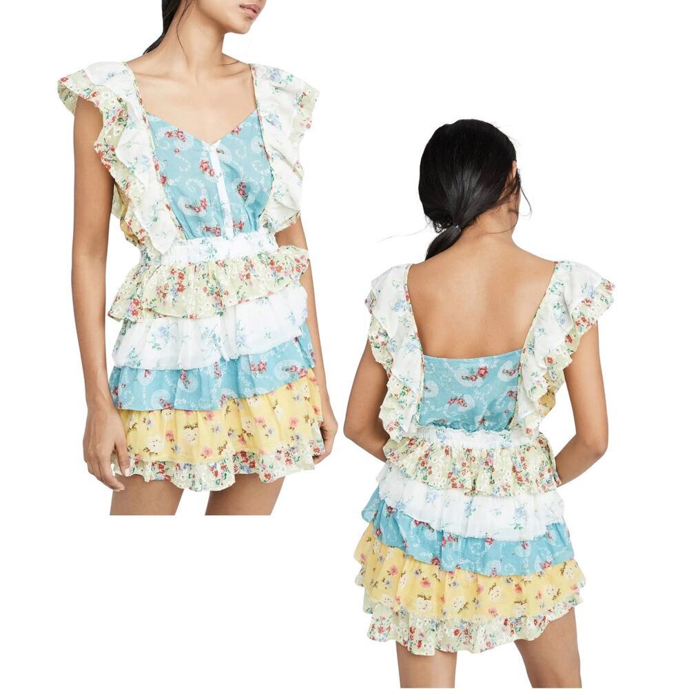 LoveShackFancy Women's ‘Phyllis’ Mini Dress, Floral Ruffled Patchwork, Large